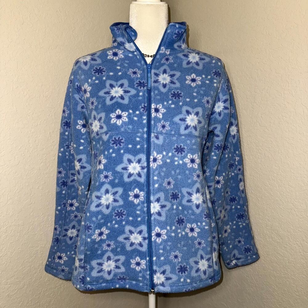 LL Bean Fleece Jacket Kids XL 18 Blue White Floral Winter Stand Collar Full Zip